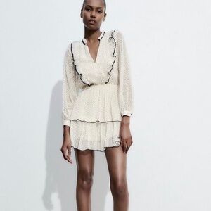 Zara Cream and Black Ruffle Mini Dress